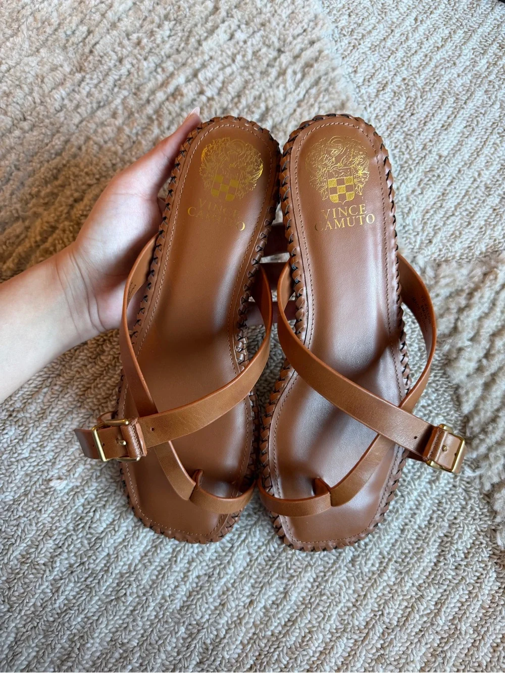 Vince Camuto‎ Tan Leather Cross-Strap Slide Sandals with Gold Buckle